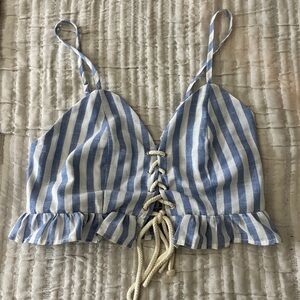 Striped Blue and White Lace-Up Women's Top